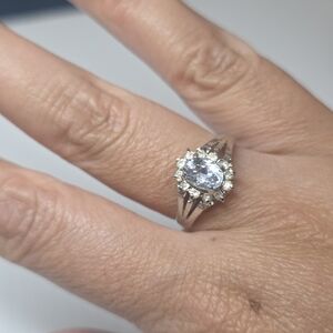 vintage blue gemstone cubic zirconia silver toned ring halo setting size 8